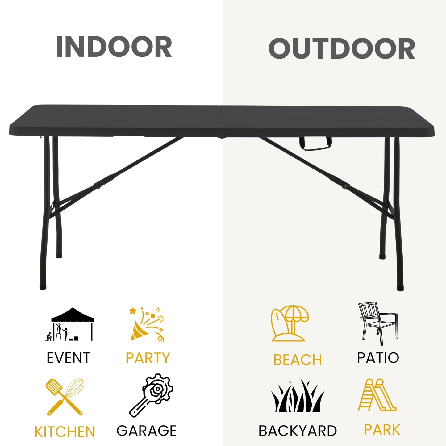 BTExpert 6-Foot Fold-in-Half Utility Table 72"x29.5", Portable w/ Handle, Indoor/Outdoor Picnic, Camping, Office, Party, Easy Clean – Black, Set of 2