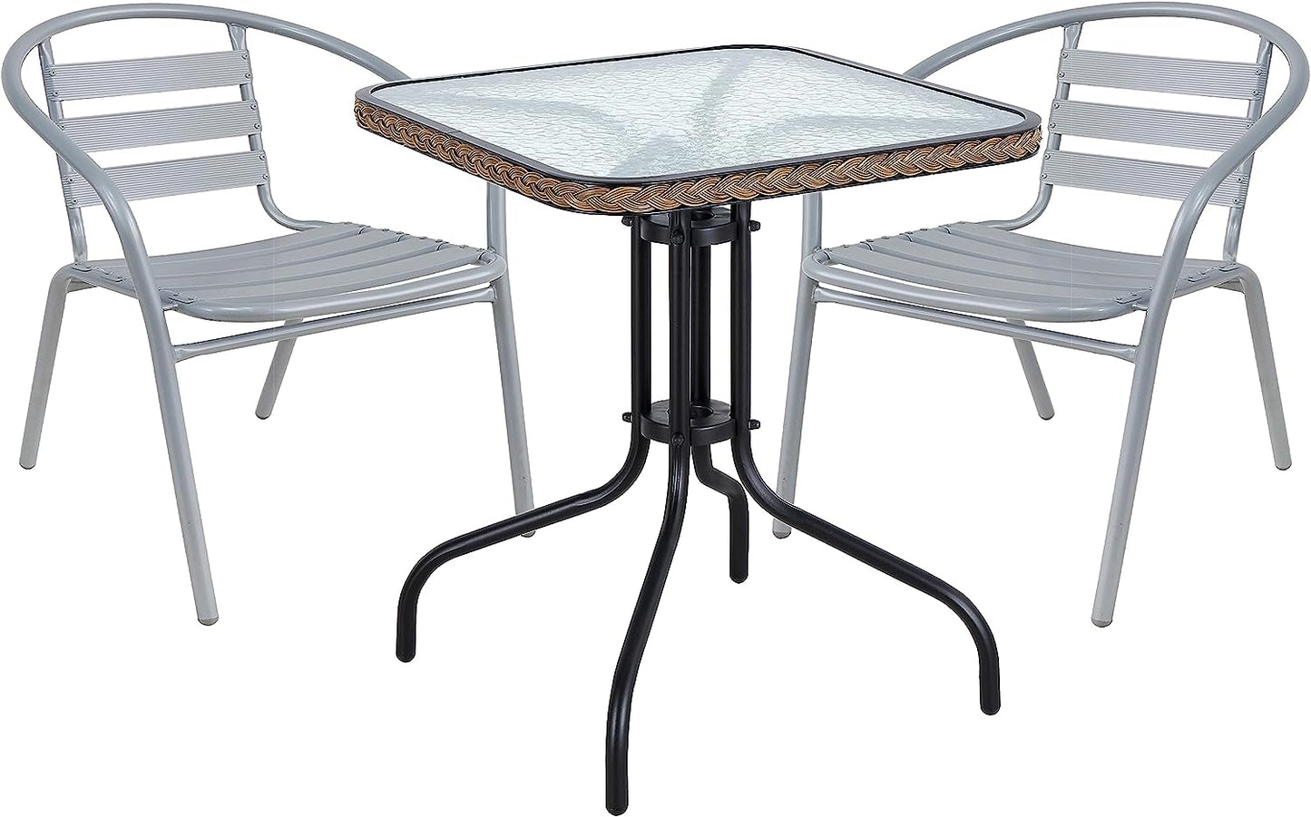 BTExpert 28" Square Glass Metal Table Brown Rattan Trim with 2 Silver Gray Slat Stack Chairs, Indoor Outdoor Lightweight