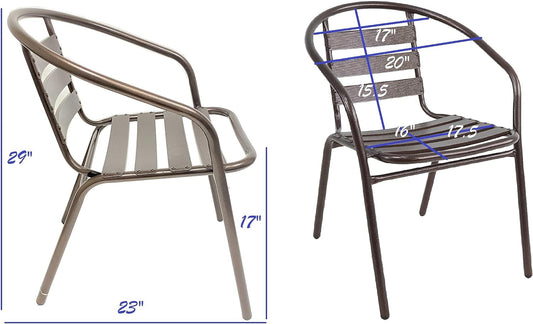 BTExpert 28" Square Tempered Glass Metal Table Brown + 2 Bronze Restaurant Metal Aluminum Slat Stack Chairs Lightweight