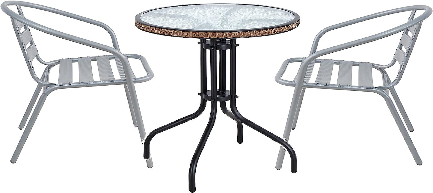 BTExpert 28" Round Glass Metal Table Brown Rattan Trim with 2 Silver Gray Slat Stack Chairs, Indoor Outdoor Lightweight