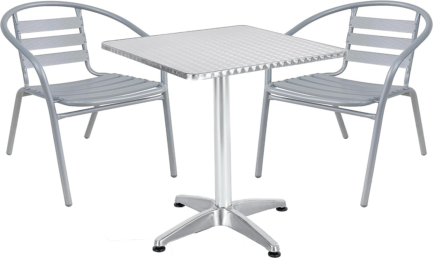 BTExpert 23.75" Square Stainless Steel Table + 2 Silver Gray Slat Stack Chairs, Indoor Outdoor Commercial Lightweight