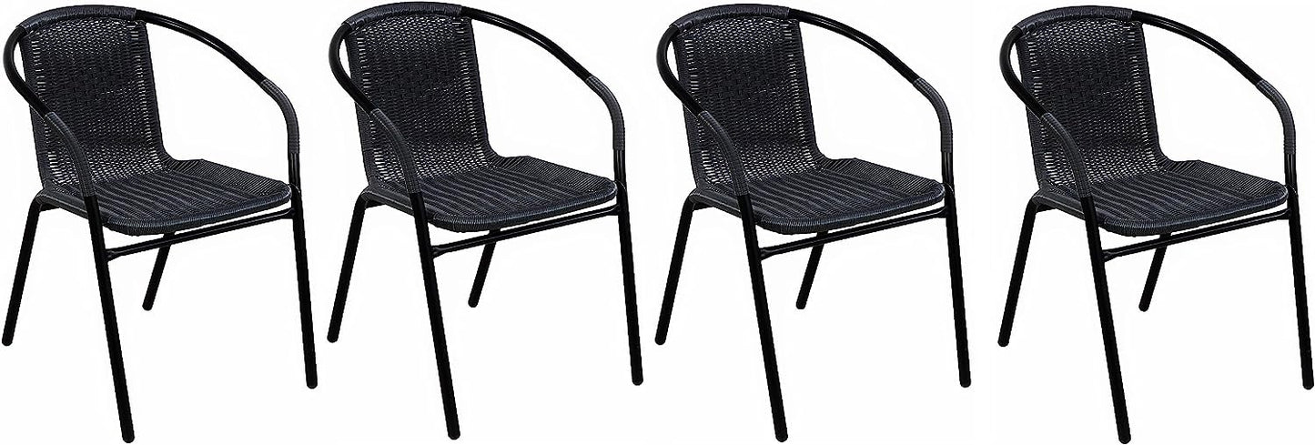 BTExpert 27.5" Round Restaurant Table Stainless Steel with 4 Black Rattan Stack Chairs, Indoor Outdoor Commercial Lightweight