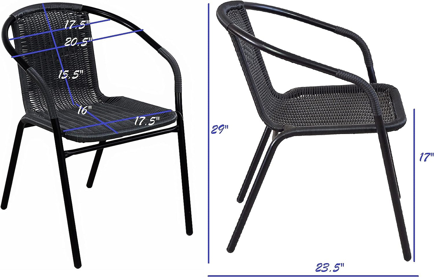 BTExpert 27.5" Round Restaurant Table Stainless Steel with 3 Black Rattan Stack Chairs, Indoor Outdoor Commercial Lightweight