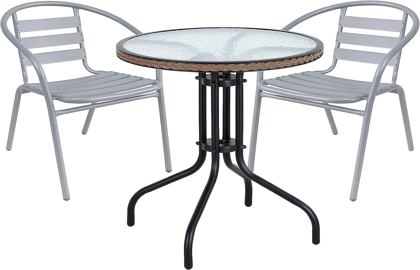 BTExpert 28" Round Glass Metal Table Brown Rattan Trim with 2 Silver Gray Slat Stack Chairs, Indoor Outdoor Lightweight