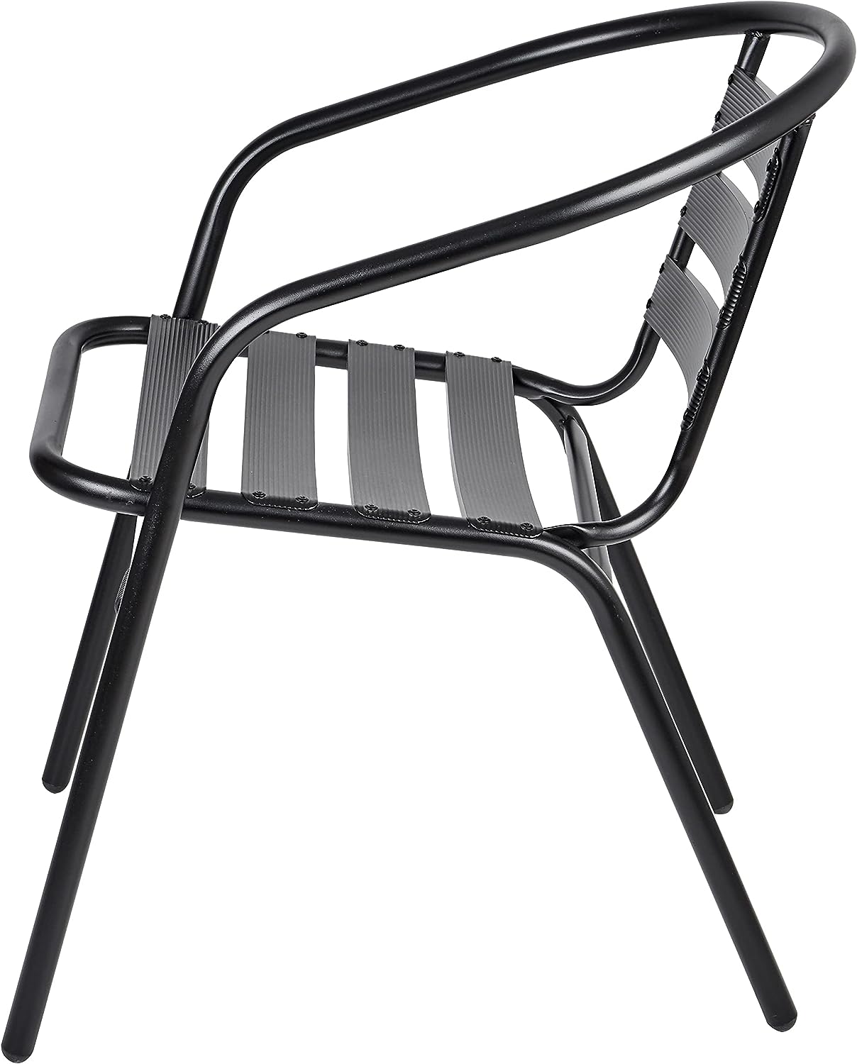 BTExpert 27.5" Round Stainless Steel Table + 2 Black Slat Chairs, Indoor Outdoor Commercial Lightweight