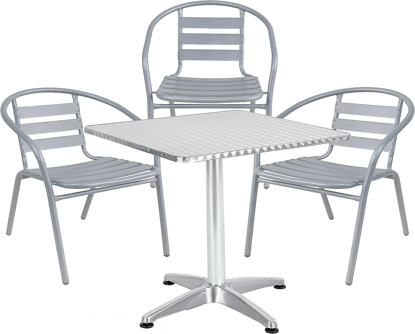 BTExpert 27.5" Square Restaurant Table Stainless Steel with 3 Silver Gray Slat Stack Chairs, Indoor Outdoor Commercial Lightweight