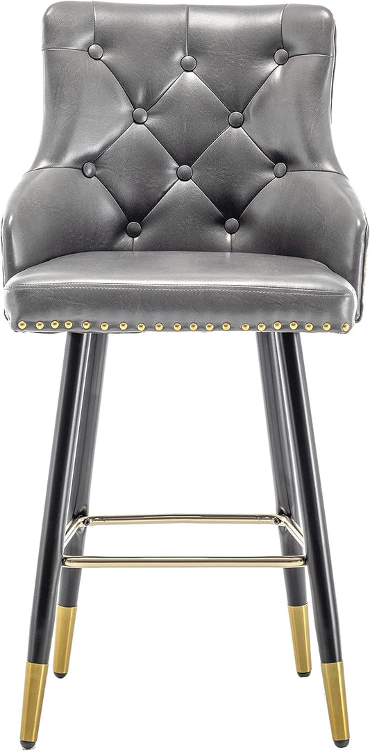 BTEXPERT Set of 4 Premium Upholstered 33" High Back Bar Stools, Gray PU Leather with Gold Nail Head Trim