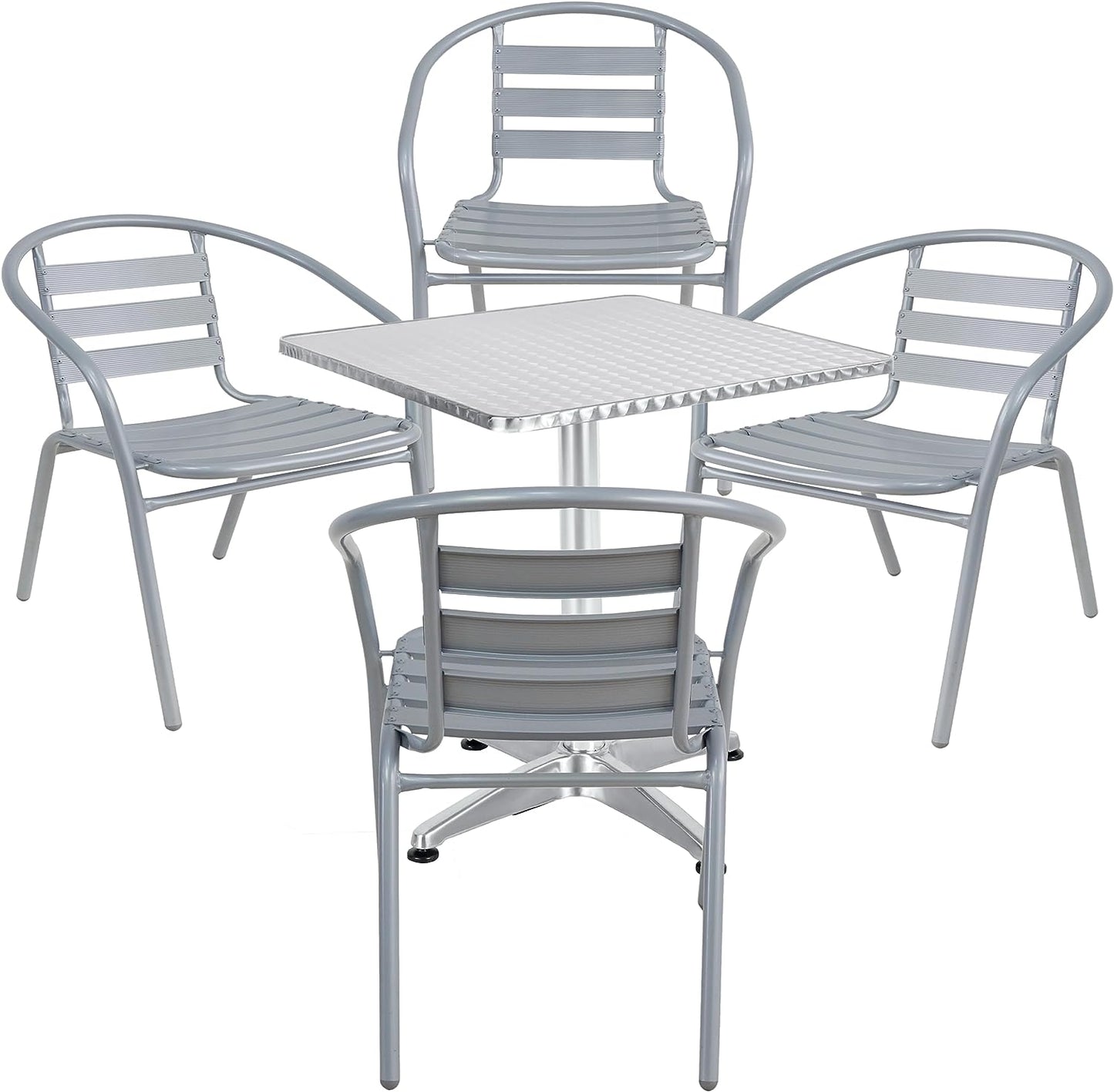 BTExpert 23.75" Square Stainless Steel Table + 4 Silver Gray Slat Chairs, Indoor/Outdoor Commercial