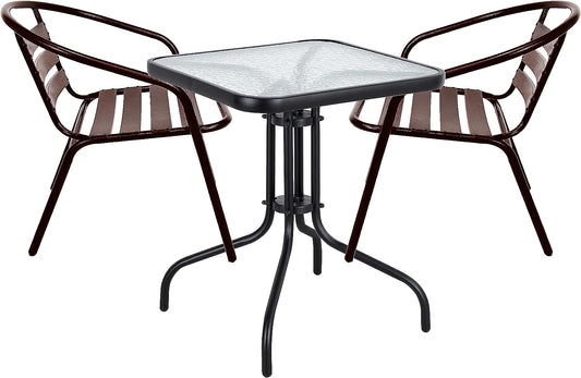 BTExpert Indoor Outdoor 23.75" Square Tempered Glass Metal Table Black + 2 Bronze Restaurant Metal Aluminum Slat Stack Chairs Lightweight