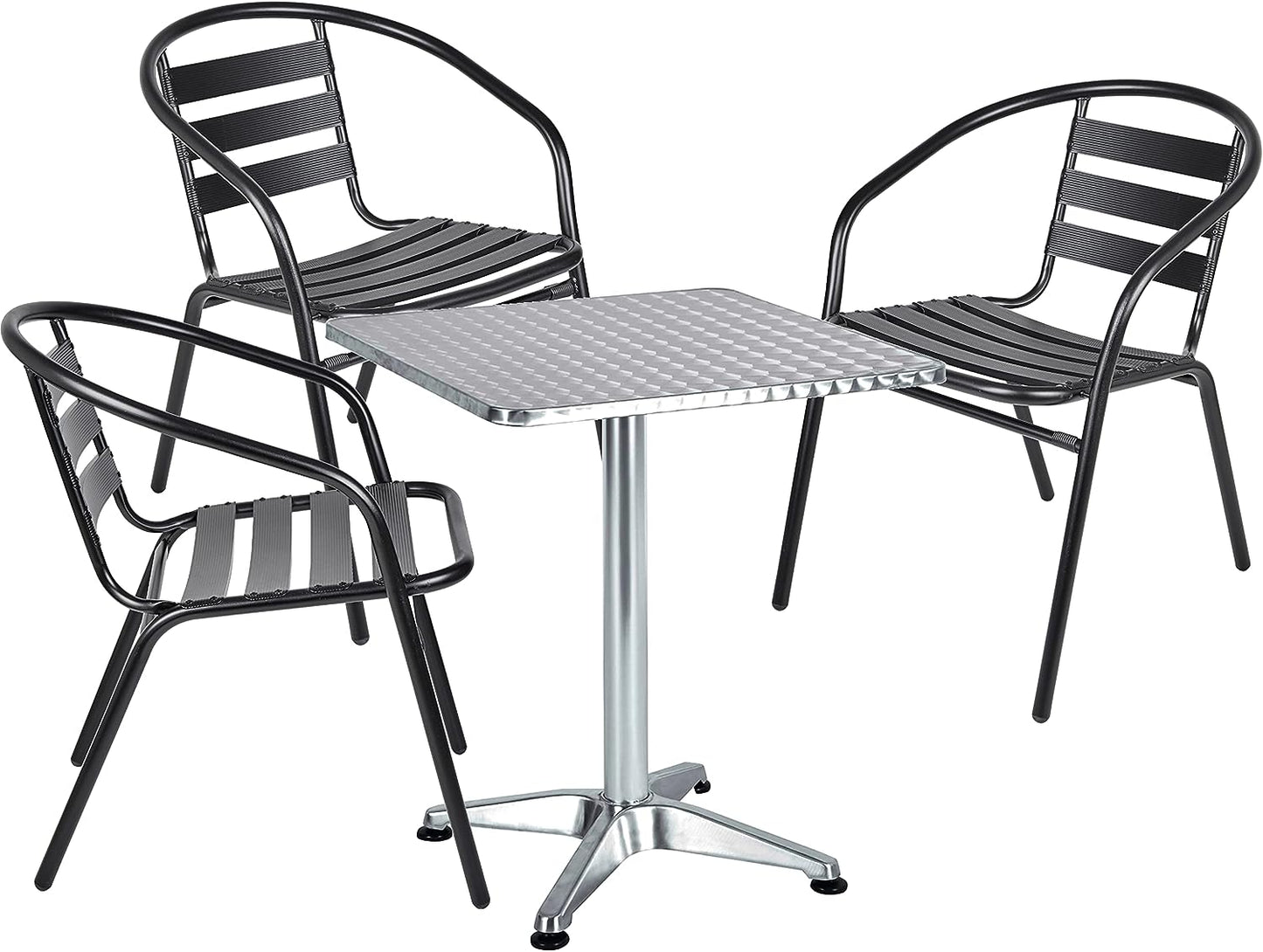 BTExpert 27.5" Square Stainless Steel Table + 3 Black Slat Chairs, Indoor Outdoor Commercial Lightweight