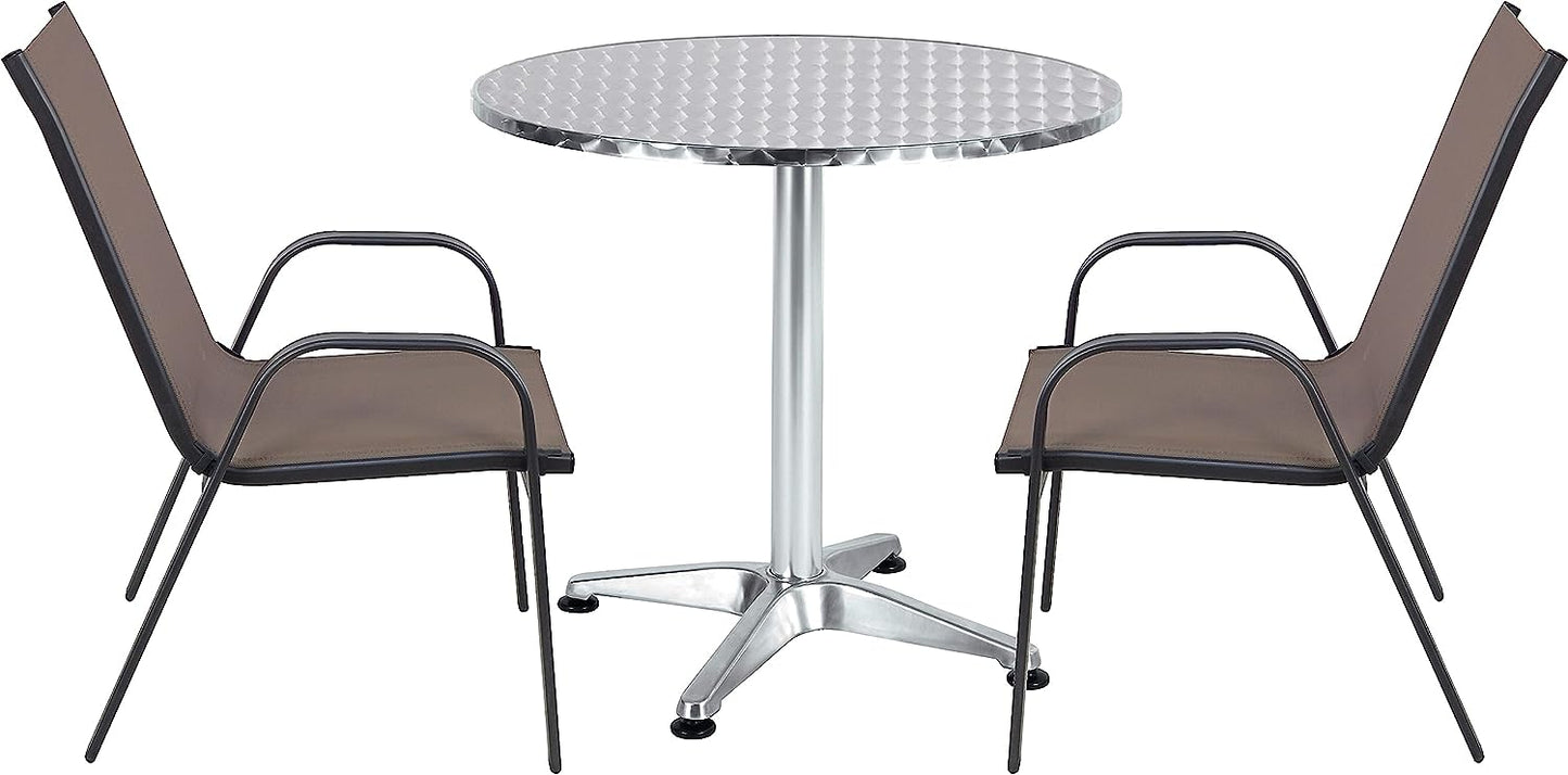 BTExpert 27.5" Round Restaurant Table Stainless Steel with 2 Brown Sling Stack Chairs, Indoor Outdoor Commercial Lightweight