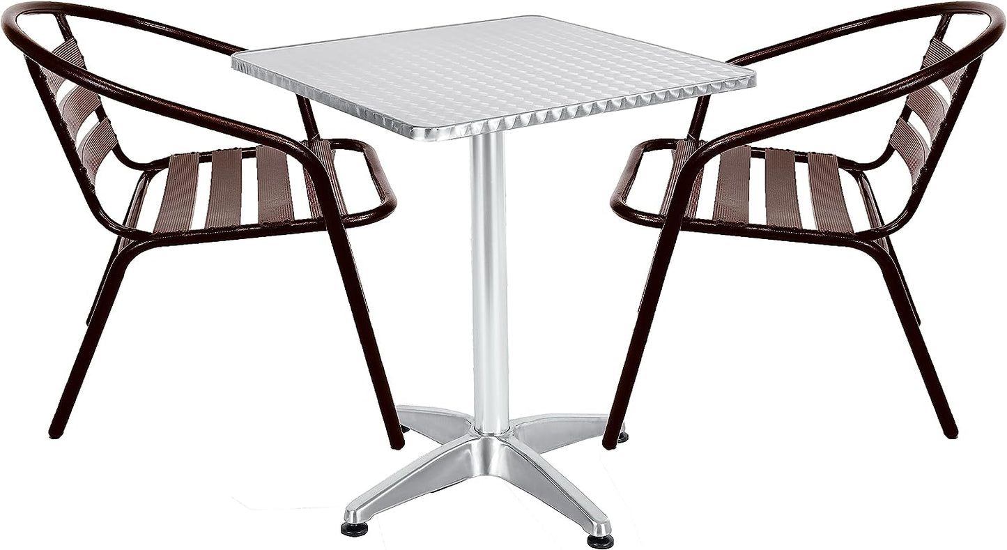 BTExpert 23.75" Square Stainless Table + 2 Bronze Slat Chairs, Indoor Outdoor Commercial Lightweight