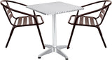 BTExpert 23.75" Square Stainless Table + 2 Bronze Slat Chairs, Indoor Outdoor Commercial Lightweight