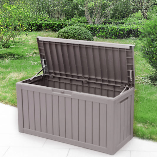 BTEXPERT 80 Gallon Deck Box Outdoor Storage Container with Steel Insert for Patio Furniture Garden Tools Cushions Pool Supplies Sports Equipment Waterproof Lockable UV Resistant Resin
