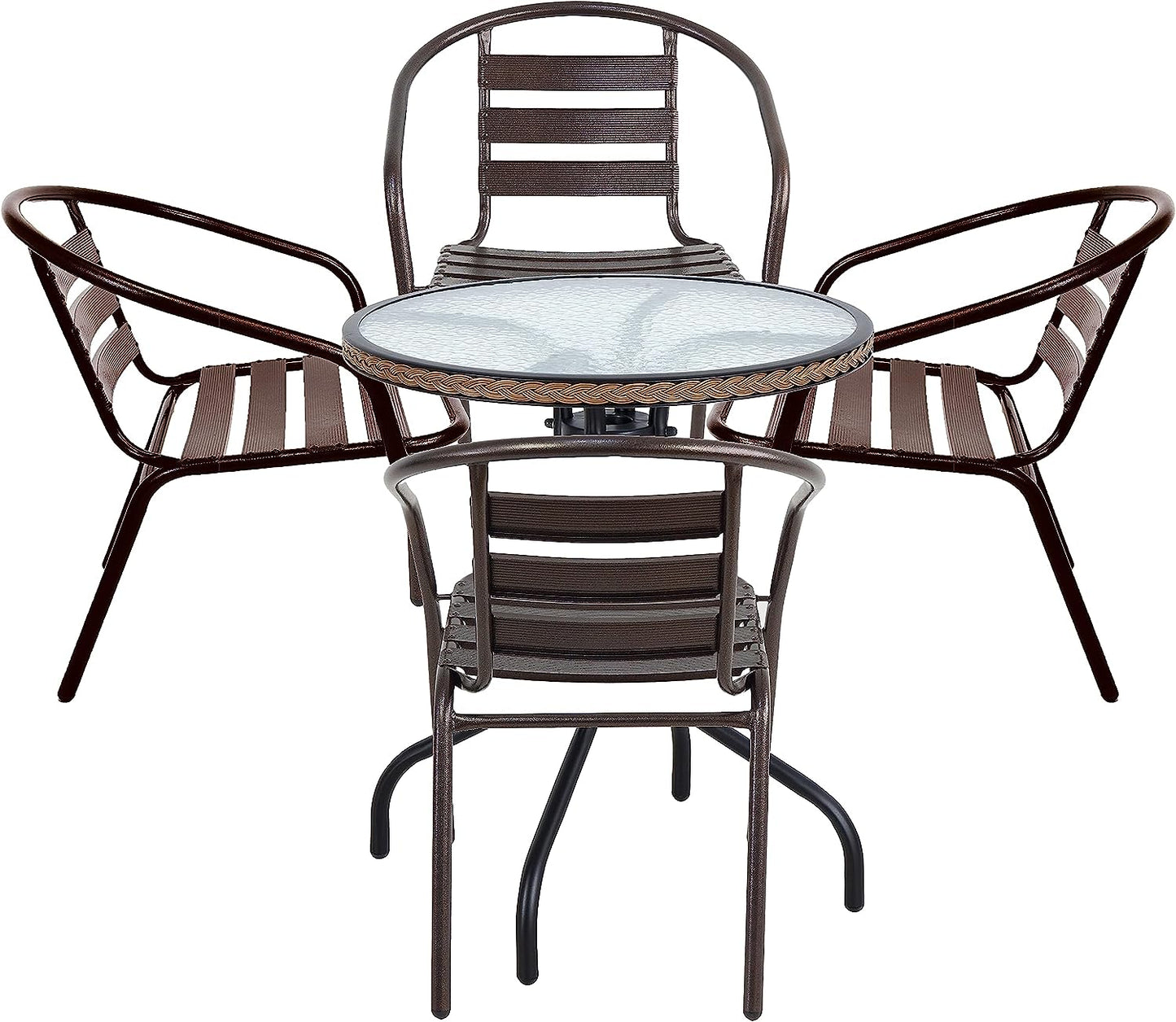 BTExpert 28" Round Glass Metal Table Brown Rattan Trim with 4 Bronze Slat Stack Chairs, Indoor Outdoor Lightweight