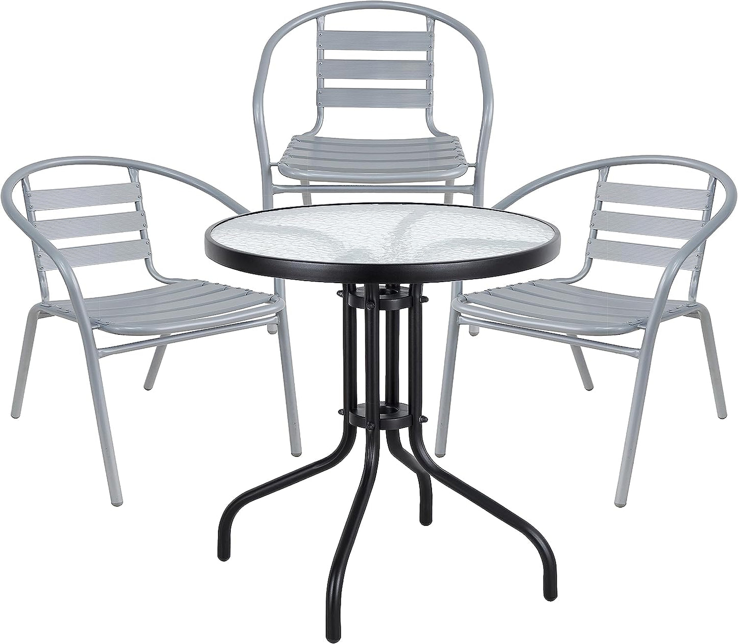 BTExpert 23.75" Round Glass Metal Table Black with 3 Silver Gray Slat Stack Chairs, Indoor Outdoor Lightweight Set