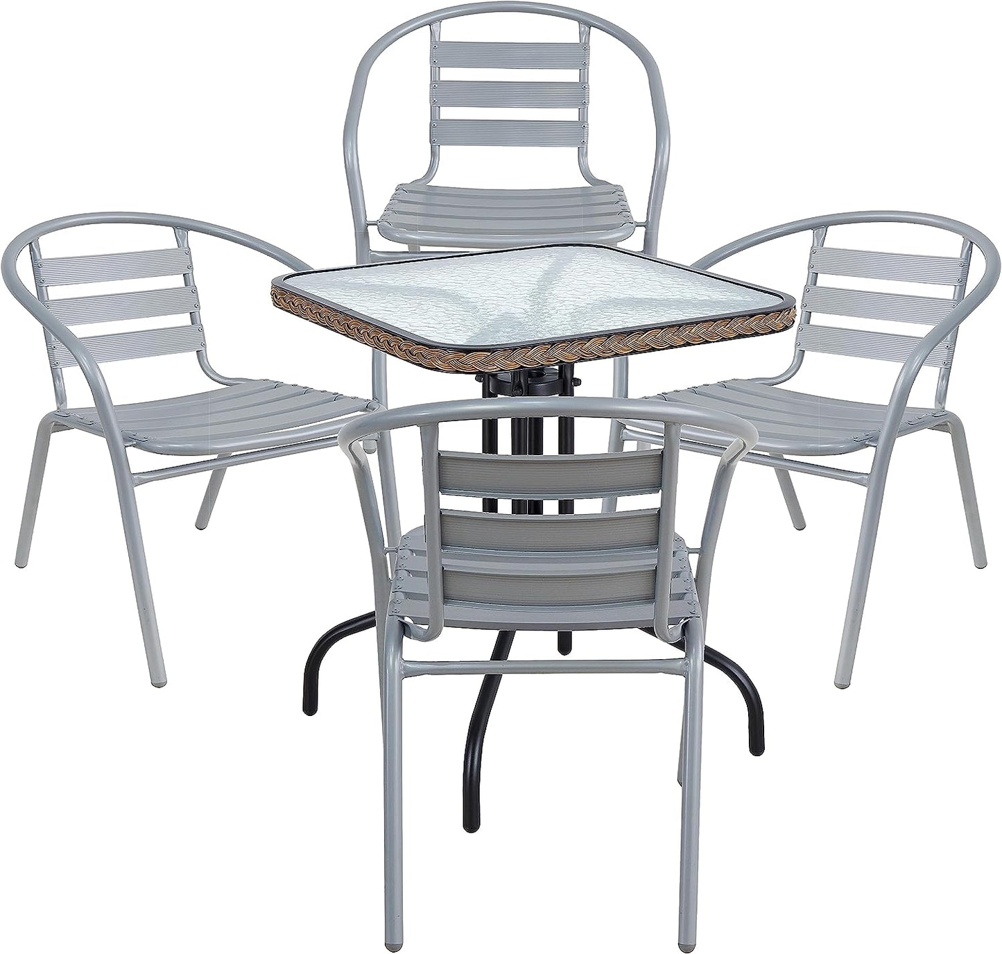 BTExpert 28" Square Glass Metal Table Brown Rattan Trim with 4 Silver Gray Slat Stack Chairs, Indoor Outdoor Lightweight