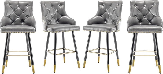 BTEXPERT Set of 4 Premium Upholstered 33" High Back Bar Stools, Gray PU Leather with Gold Nail Head Trim