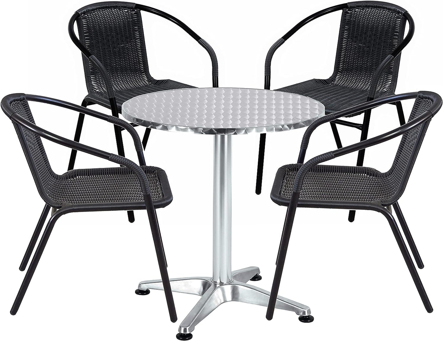 BTExpert 27.5" Round Restaurant Table Stainless Steel with 4 Black Rattan Stack Chairs, Indoor Outdoor Commercial Lightweight