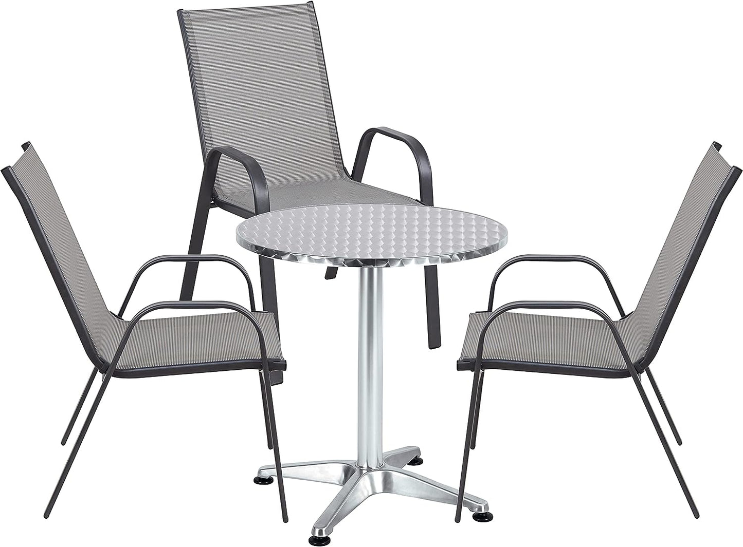 BTExpert 27.5" Round Restaurant Table Stainless Steel with 3 Gray Sling Stack Chairs, Indoor Outdoor Commercial Set, Lightweight