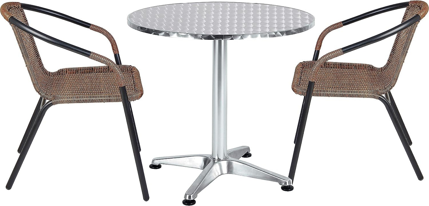 BTExpert 27.5" Round Restaurant Table Stainless Steel with 2 Brown Rattan Stack Chairs, Indoor Outdoor Commercial Lightweight