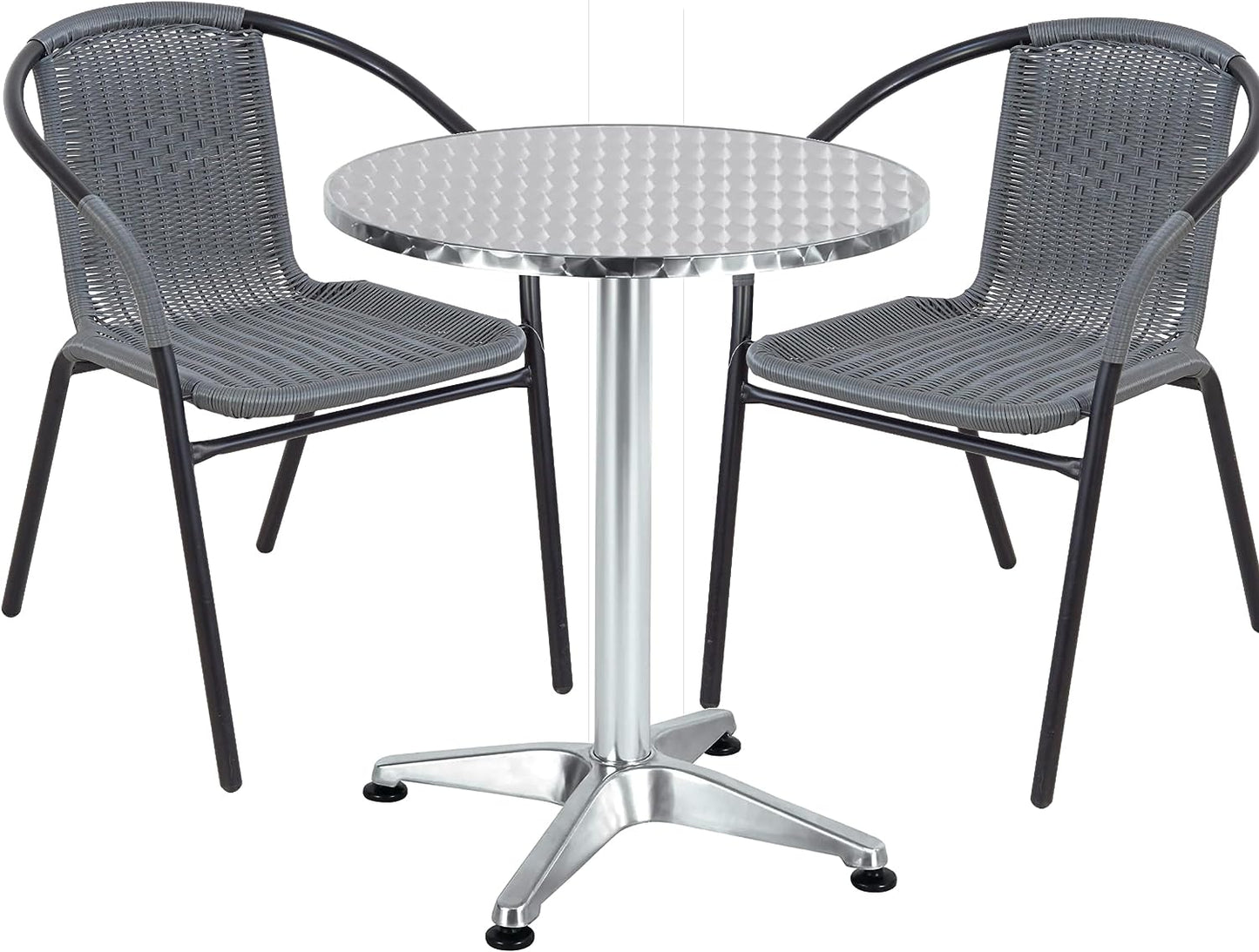 BTExpert 27.5" Round Restaurant Table Stainless Steel with 2 Gray Rattan Stack Chairs, Indoor Outdoor Commercial Lightweight