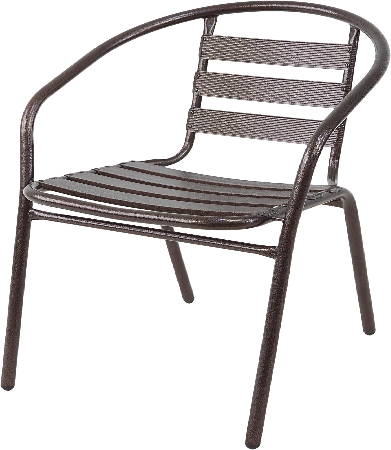 BTExpert Indoor Outdoor 27.5" Square Restaurant Table Stainless Steel Silver Aluminum + 3 Bronze Metal Slat Stack Chairs