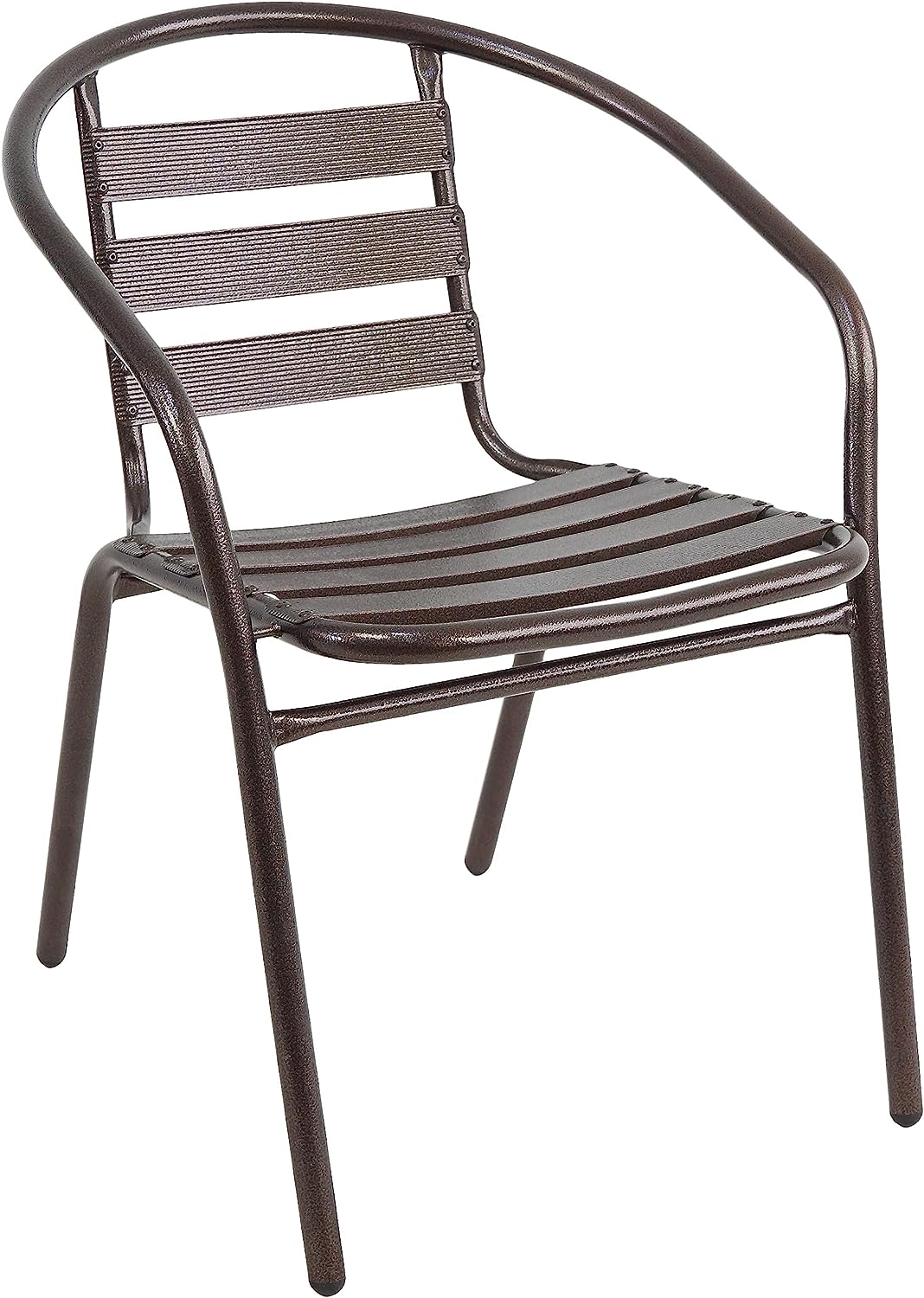 BTExpert Indoor Outdoor 27.5" Square Restaurant Table Stainless Steel Silver Aluminum + 3 Bronze Metal Slat Stack Chairs