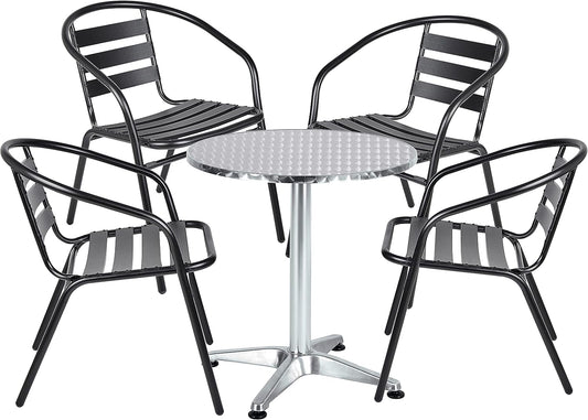 BTExpert Indoor Outdoor 27.5" Round Restaurant Table Stainless Steel Silver Aluminum + 4 Black Metal Slat Stack Chairs Lightweight