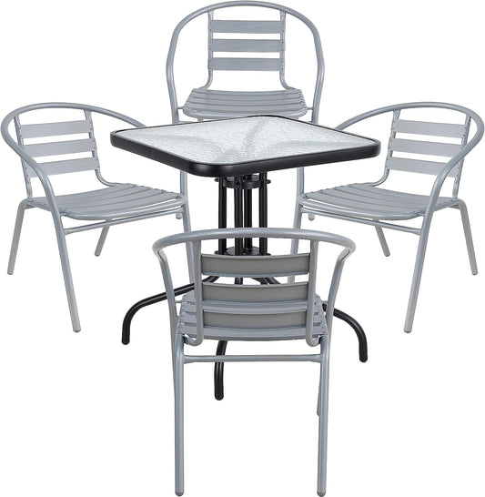 BTExpert 23.75" Square Glass Metal Table Black with 4 Silver Gray Slat Stack Chairs, Indoor Outdoor Commercial