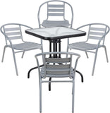 BTExpert 23.75" Square Glass Metal Table Black with 4 Silver Gray Slat Stack Chairs, Indoor Outdoor Commercial