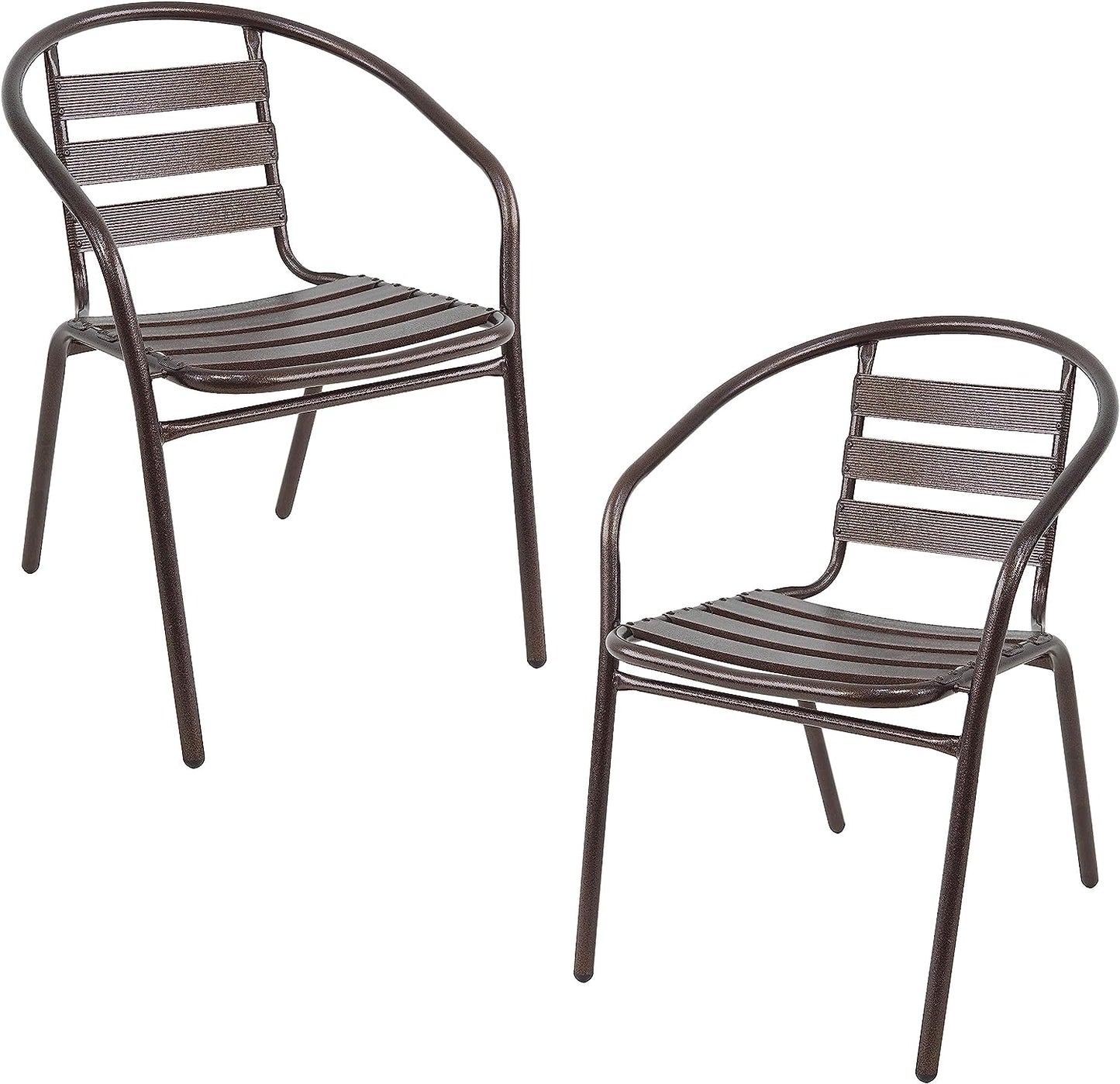 BTExpert Indoor Outdoor 23.75" Round Tempered Glass Metal Table Black + 2 Bronze Restaurant Metal Aluminum Slat Stack Chairs Lightweight