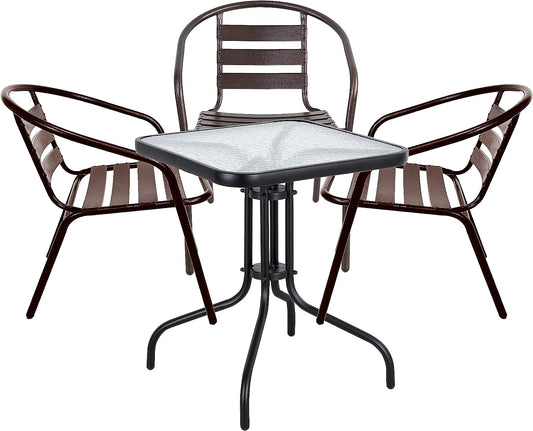 BTExpert Indoor Outdoor 23.75" Square Tempered Glass Metal Table Black + 3 Bronze Restaurant Metal Aluminum Slat Stack Chairs Lightweight
