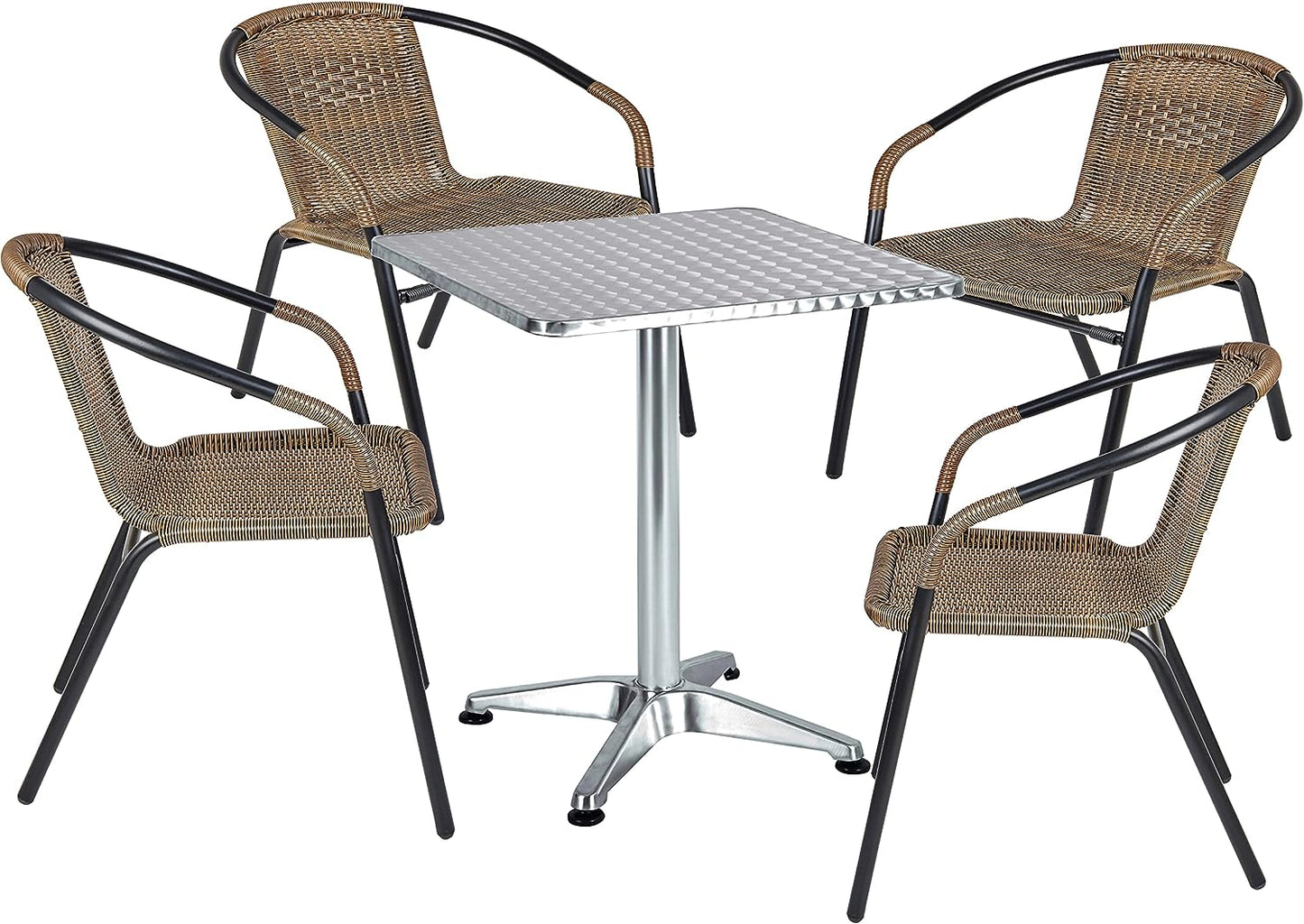 BTExpert 27.5" Square Restaurant Table Stainless Steel with 4 Brown Commercial Chairs, Indoor Outdoor