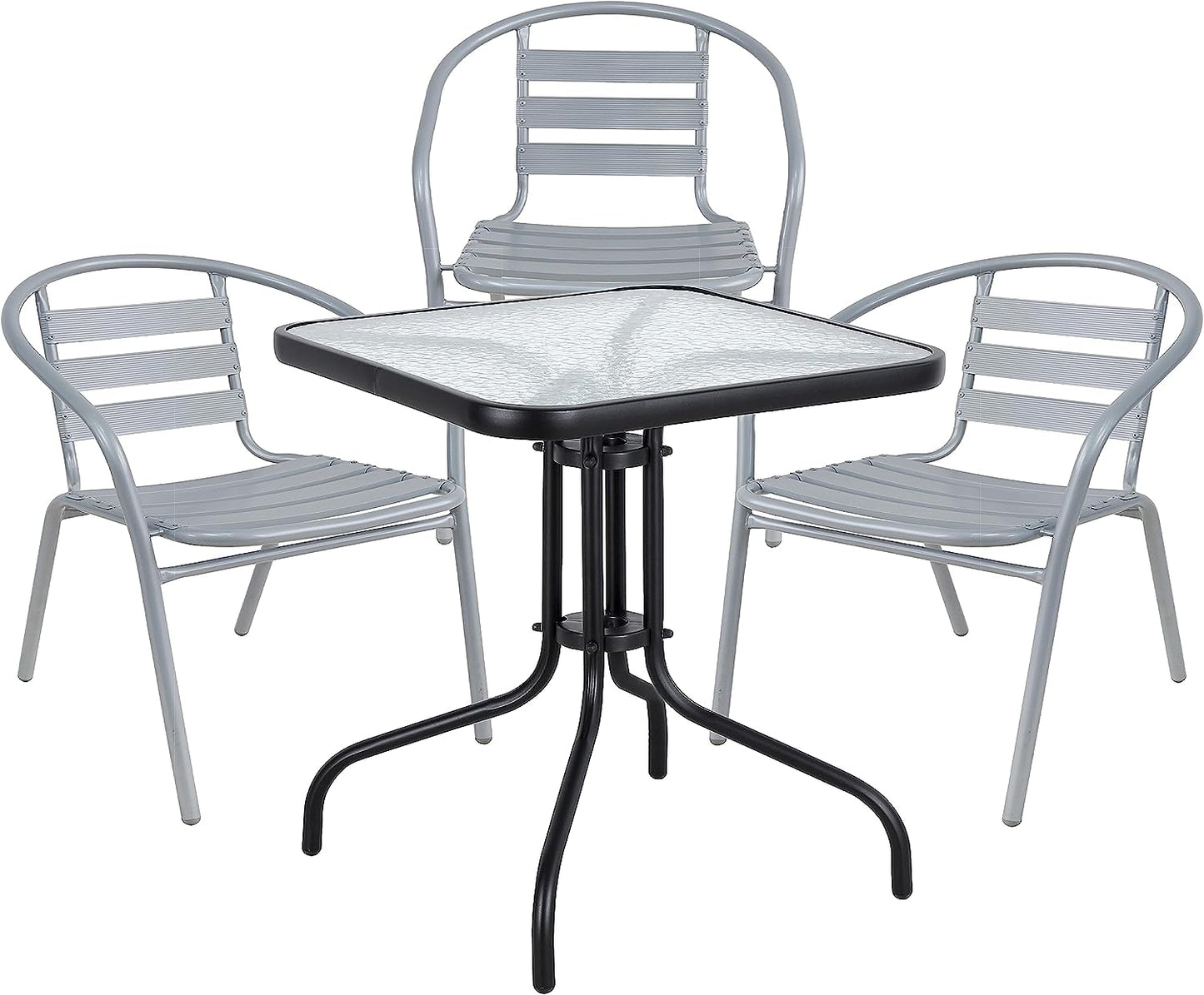 BTExpert 23.75" Square Glass Metal Table Black with 3 Silver Gray Slat Stack Chairs, Indoor Outdoor Lightweight