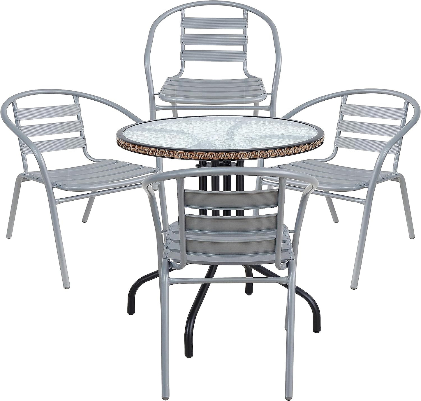 BTExpert 28" Round Glass Metal Table Brown Rattan Trim with 4 Silver Gray Slat Stack Chairs, Indoor Outdoor Lightweight