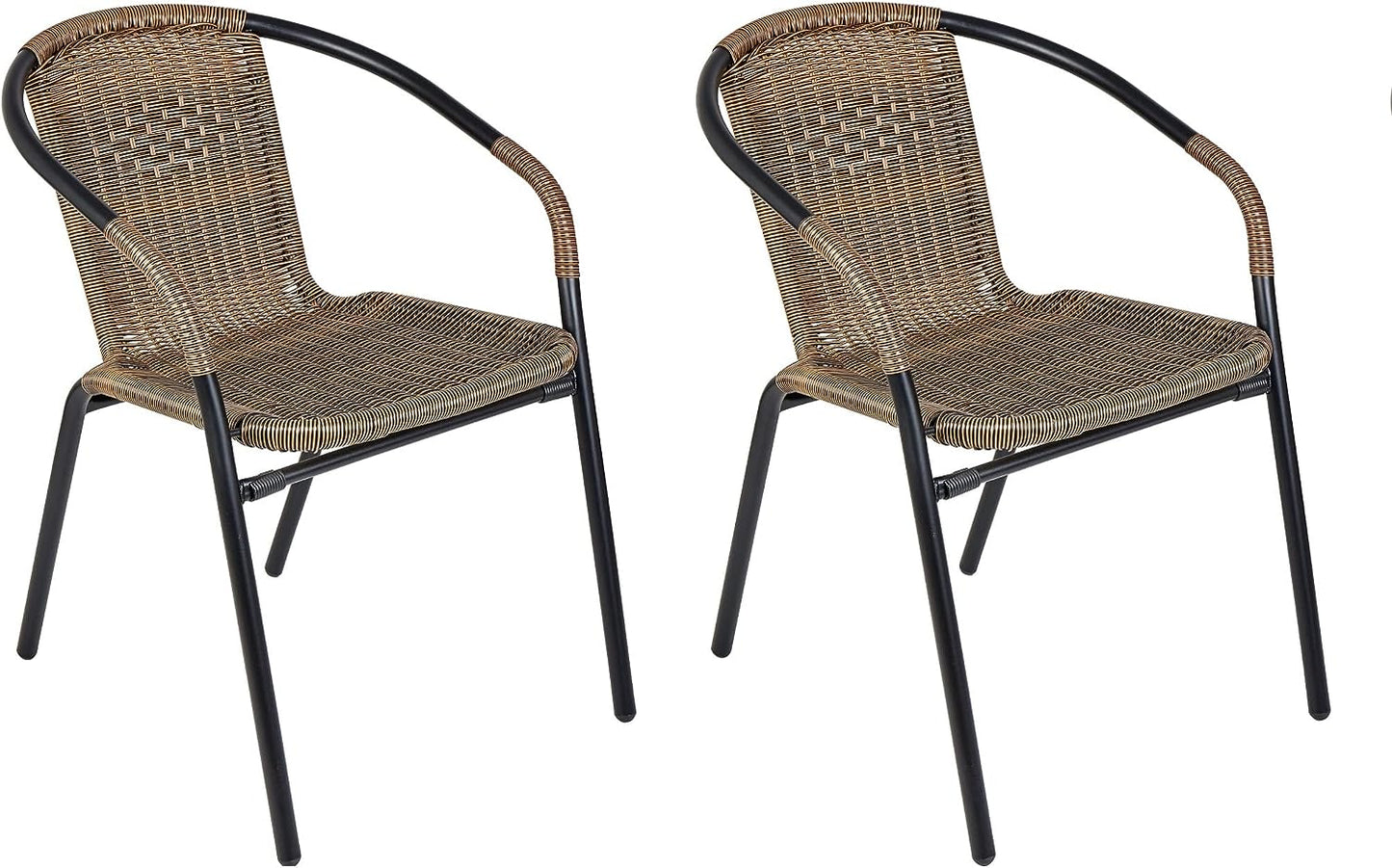 BTExpert 27.5" Round Restaurant Table Stainless Steel with 2 Brown Rattan Stack Chairs, Indoor Outdoor Commercial Lightweight
