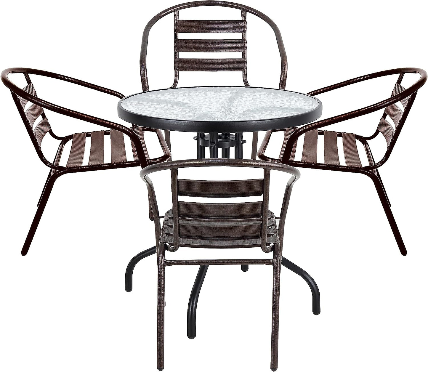 BTExpert 23.75" Round Glass Metal Table Black with 4 Bronze Slat Stack Chairs, Indoor Outdoor Commercial Lightweight