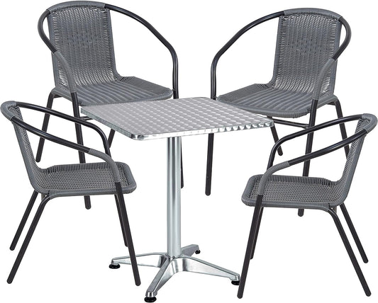 BTExpert 27.5" Square Restaurant Table Stainless Steel with 4 Gray Rattan Stack Chairs, Indoor Outdoor Commercial Lightweight