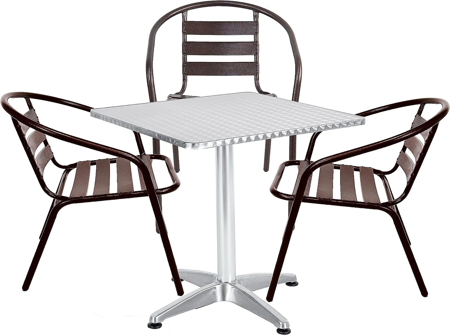BTExpert 23.75" Square Stainless Table + 3 Bronze Slat Chairs, Indoor Outdoor Commercial Lightweight