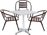 BTExpert 23.75" Square Stainless Table + 3 Bronze Slat Chairs, Indoor Outdoor Commercial Lightweight