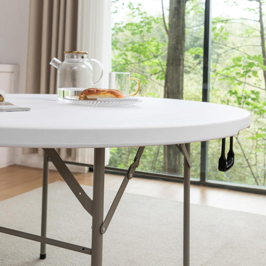 BTExpert 4ft Round Folding Table, White Plastic, Portable Commercial Indoor/Outdoor for Events, Patio, Home & Dining