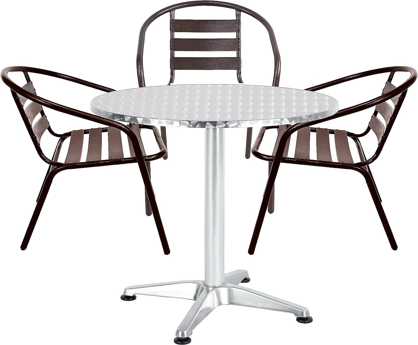 BTExpert 27.5" Round Stainless Steel Table + 3 Bronze Slat Chairs, Indoor Outdoor Commercial Lightweight