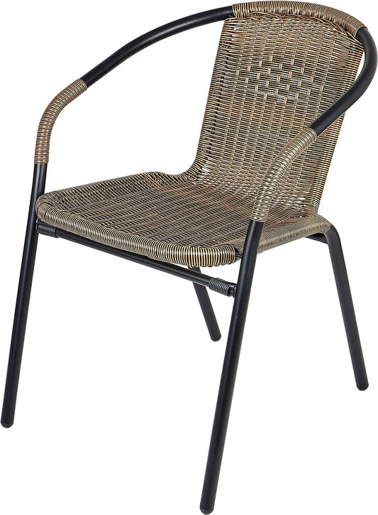 BTExpert 27.5" Round Restaurant Table Stainless Steel with 3 Brown Rattan Stack Chairs, Indoor Outdoor Commercial Lightweight