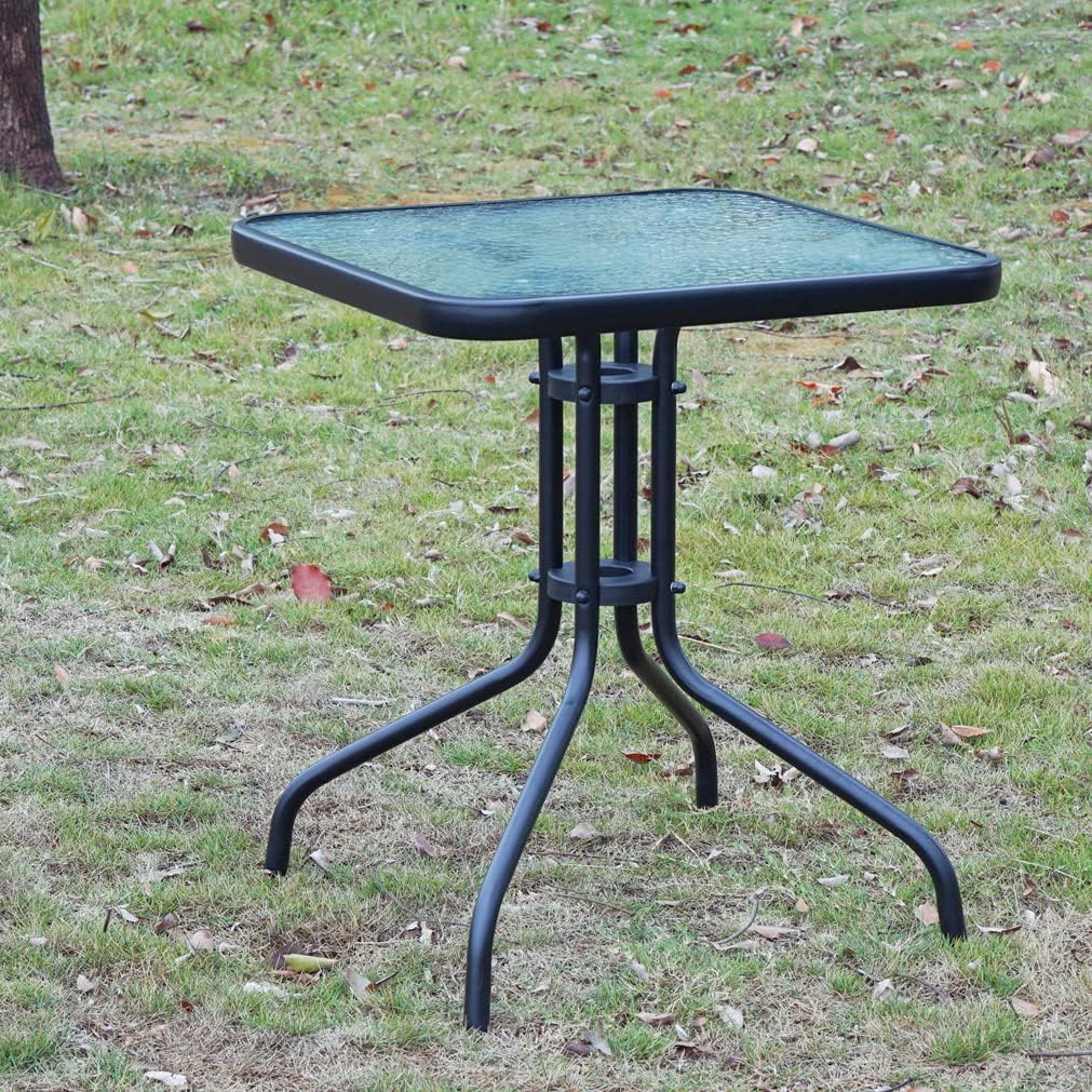 BTExpert 23.75" Square Glass Metal Table Black with 3 Silver Gray Slat Stack Chairs, Indoor Outdoor Lightweight