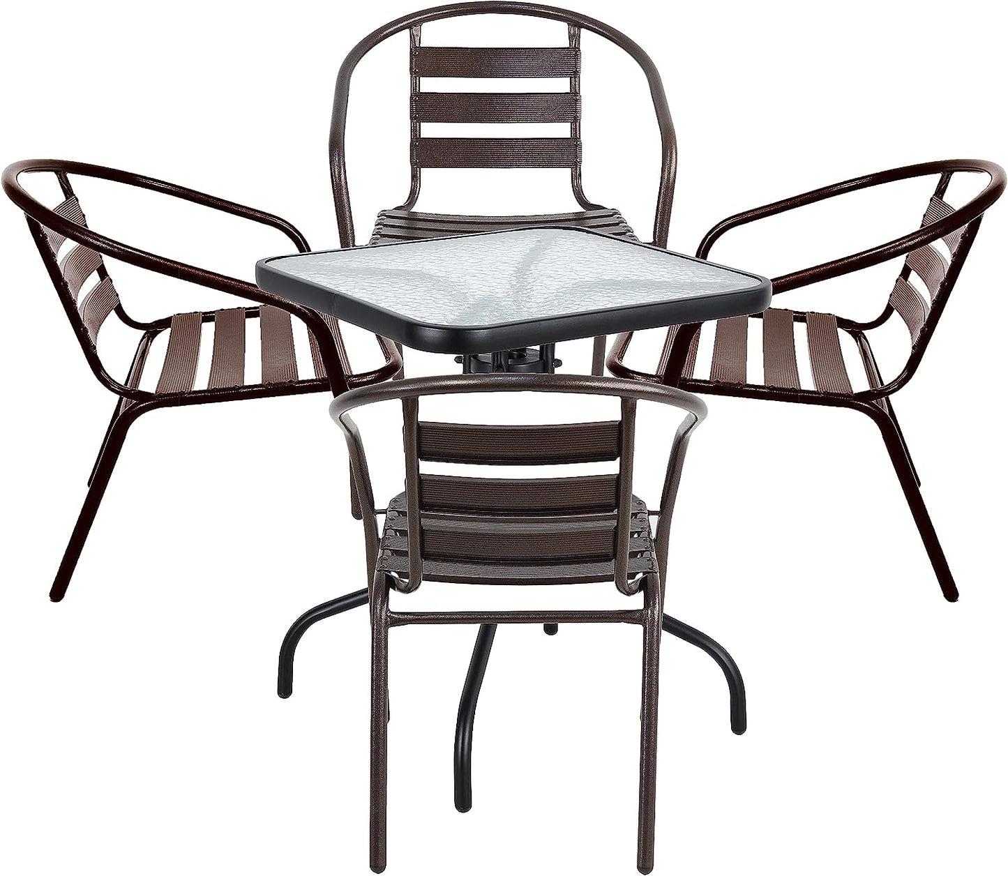BTExpert 23.75" Square Glass Metal Table Black with 4 Bronze Slat Stack Chairs, Indoor Outdoor Commercial Lightweight