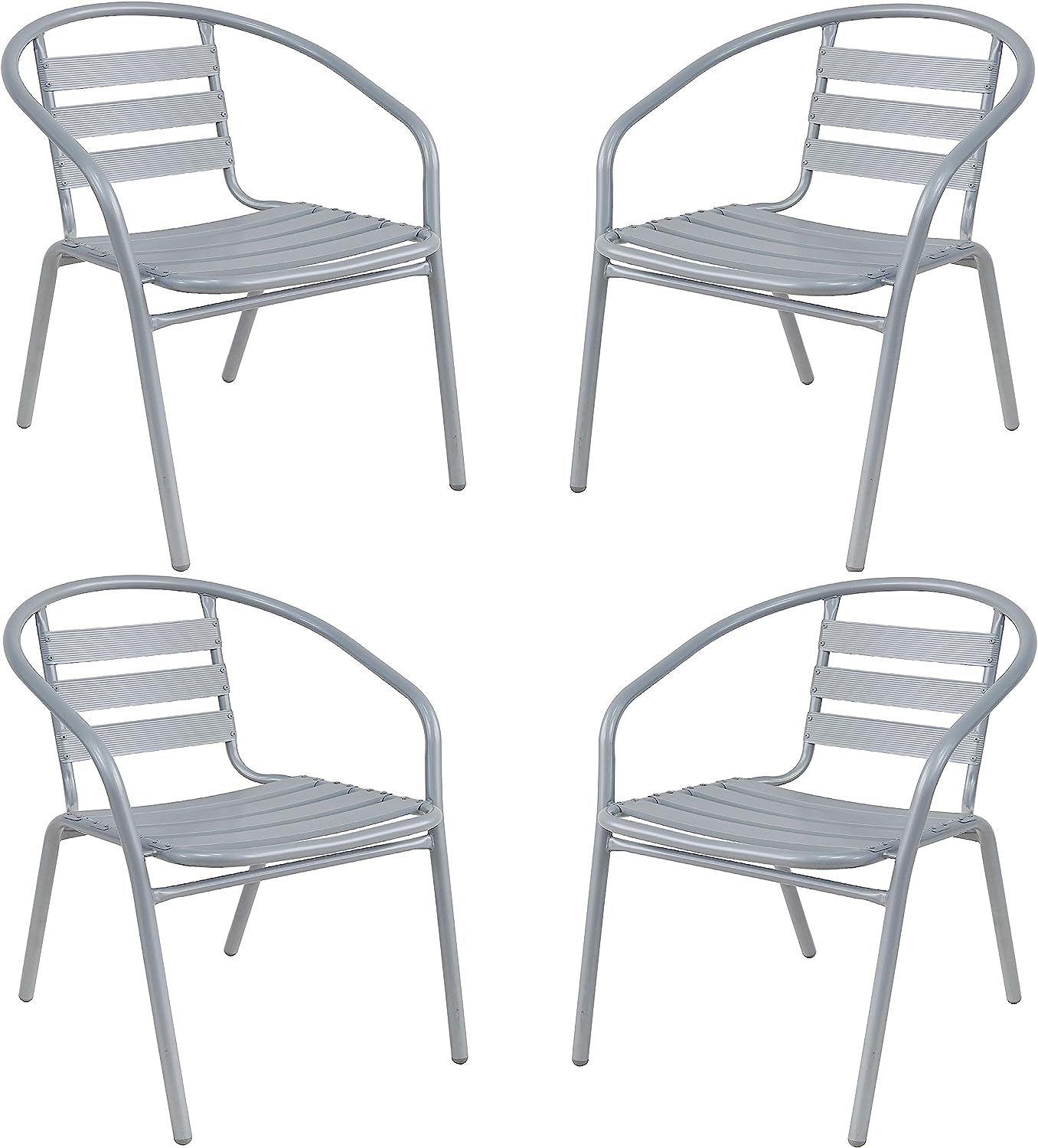 BTExpert Indoor Outdoor 27.5" Round Restaurant Table Stainless Steel Silver Aluminum + 4 Silver Gray Metal Slat Stack Chairs Lightweight