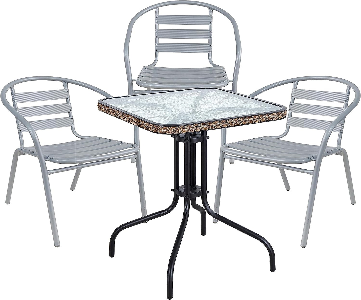 BTExpert 28" Square Glass Metal Table Brown Rattan Trim with 3 Silver Gray Slat Stack Chairs, Indoor Outdoor Lightweight