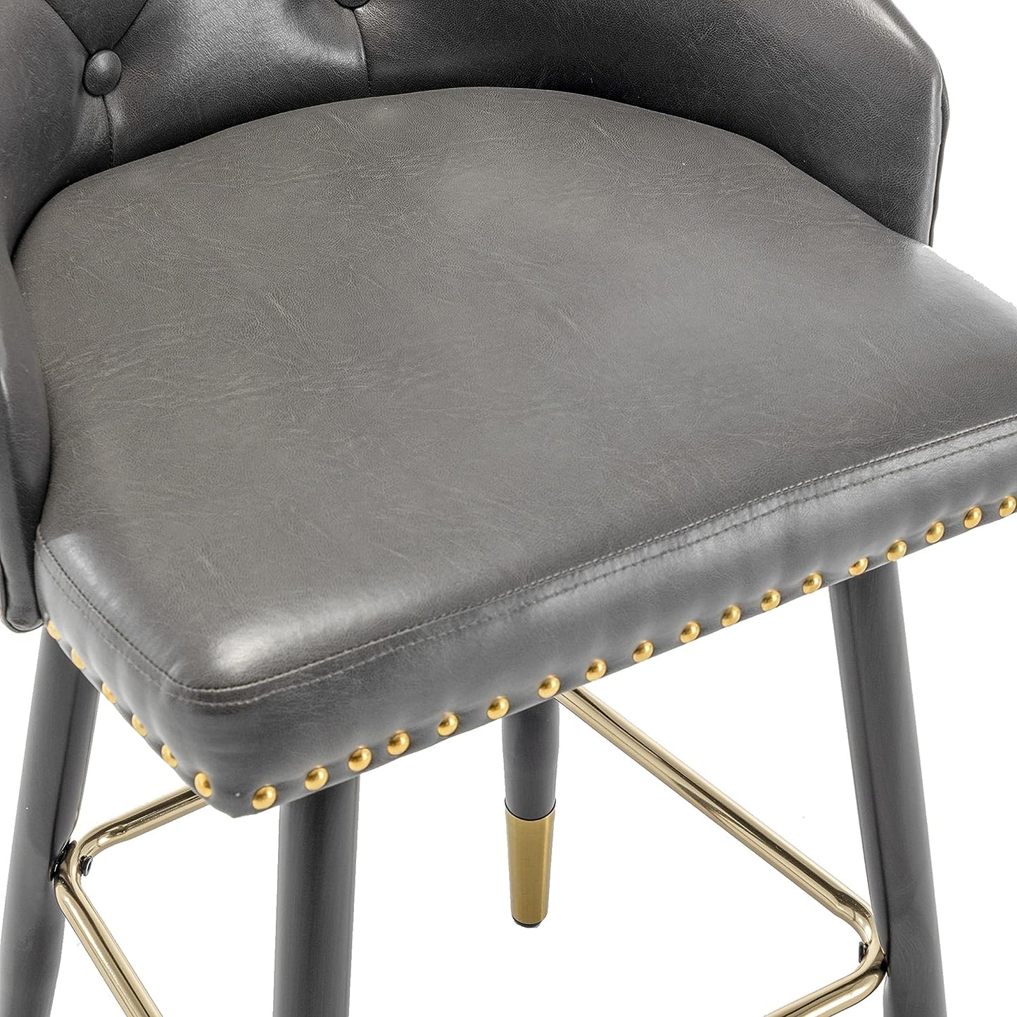 BTEXPERT Set of 4 Premium Upholstered 33" High Back Bar Stools, Gray PU Leather with Gold Nail Head Trim