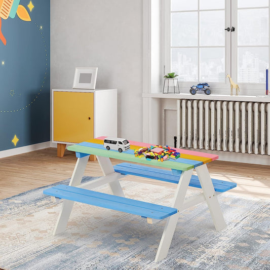 BTExpert Kids Picnic Table Bench for Outdoor, Wooden Table Chair Set Kids Activity Sensory Table - Multicolor